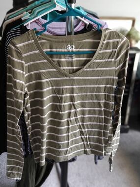 SO Striped Olive V-Neck Long Sleeve Top